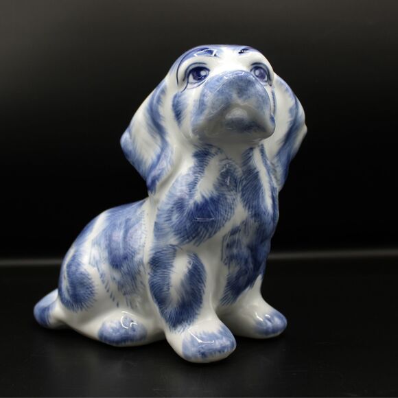 Vintage Blue White Ceramic Dog Figurine Glossy Glaze Cocker Basset Animal Decor - Picture 3 of 8